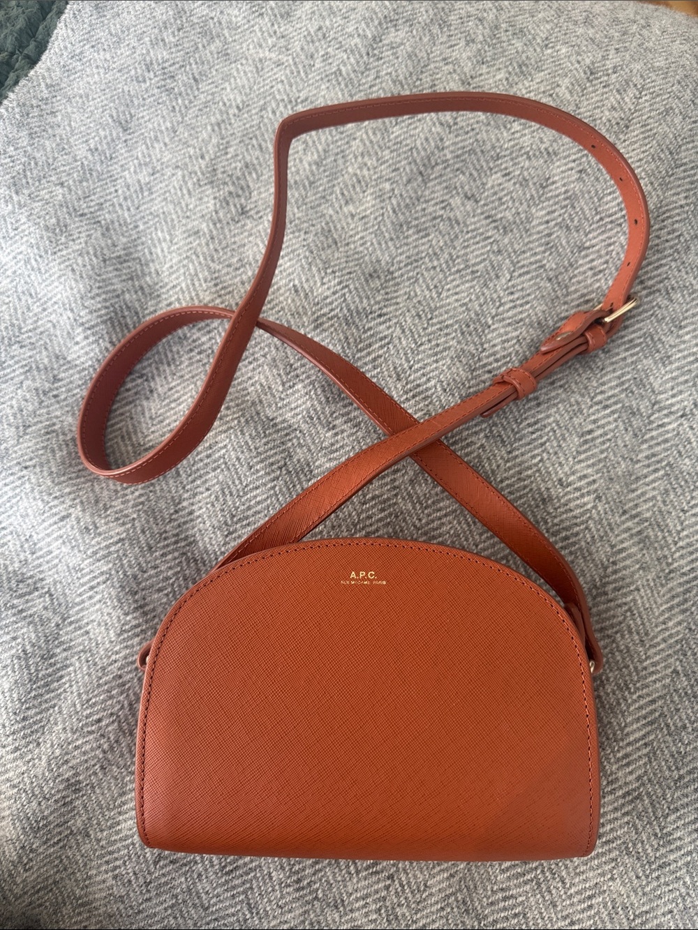 A.P.C. Demi Lune Mini Leather Crossbody in Cognac